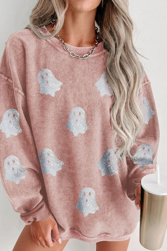 Spooky Cozy Oversized Ghost Sweatshirt – pink oversized round neck sweatshirt with ghost print, Halloween loungewear.
