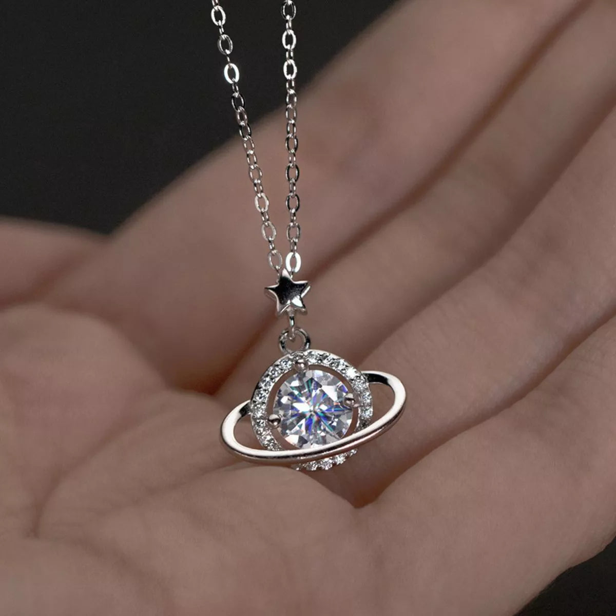 sterling silver celestial orbit necklace with 1ct moissanite pendant and star charm
