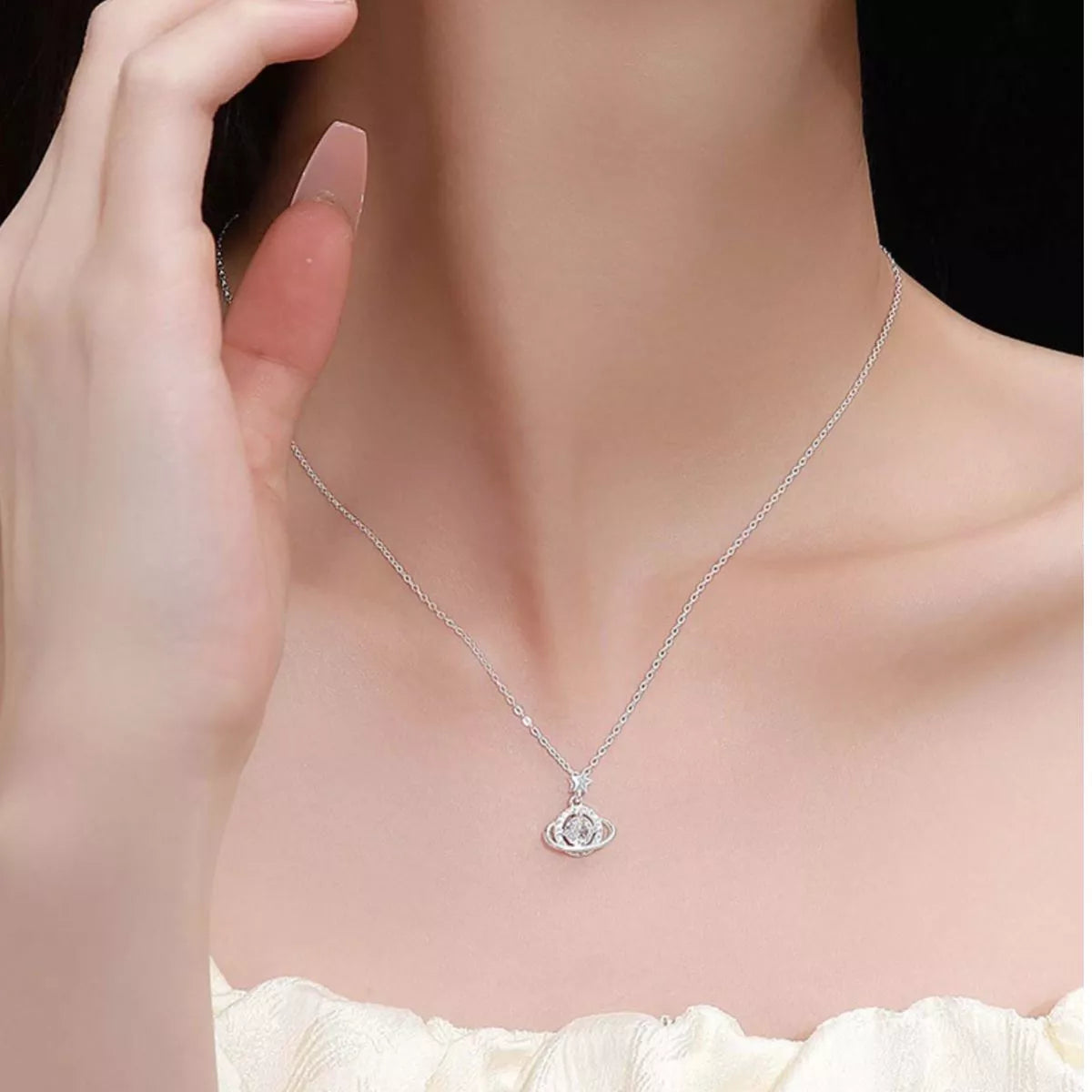 sterling silver celestial orbit necklace with 1ct moissanite pendant and star charm