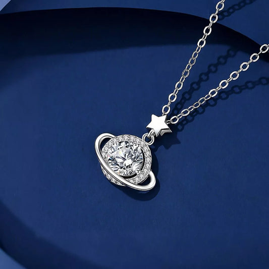 sterling silver celestial orbit necklace with 1ct moissanite pendant and star charm
