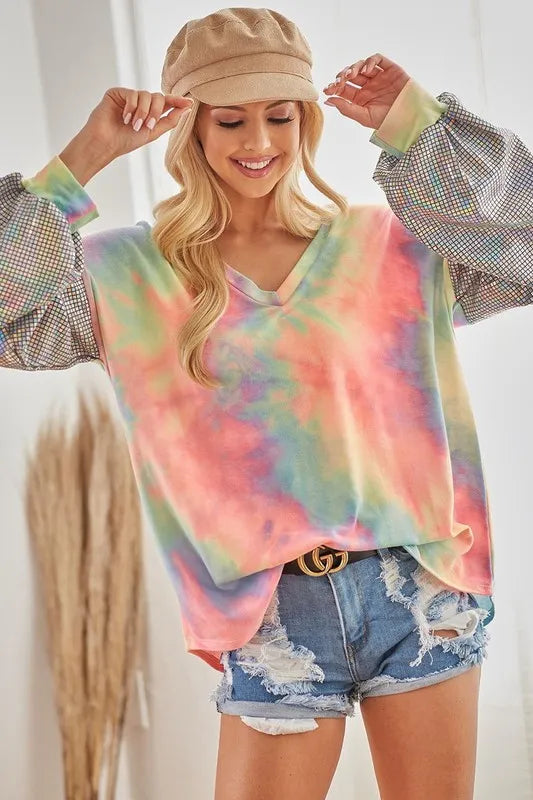 Tie-dye French terry V-neck top with shimmer accents – Stardust Tide style from A Whimsical Affair.