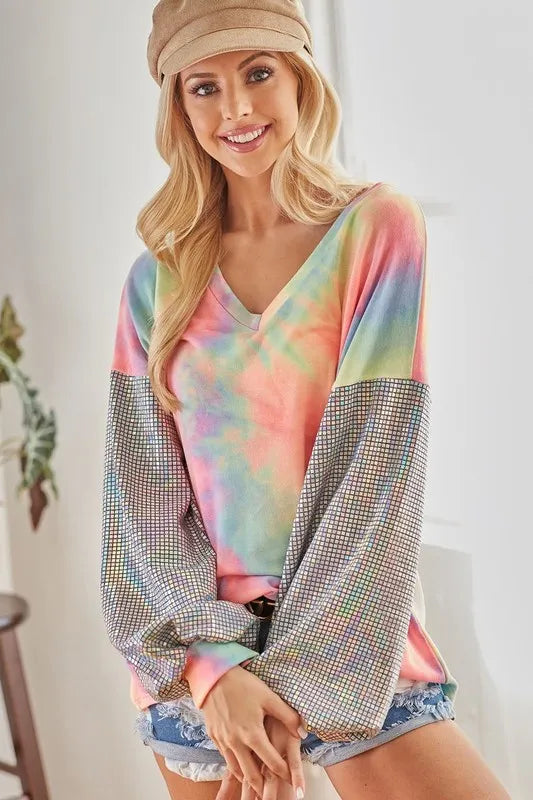 Tie-dye French terry V-neck top with shimmer accents – Stardust Tide style from A Whimsical Affair.