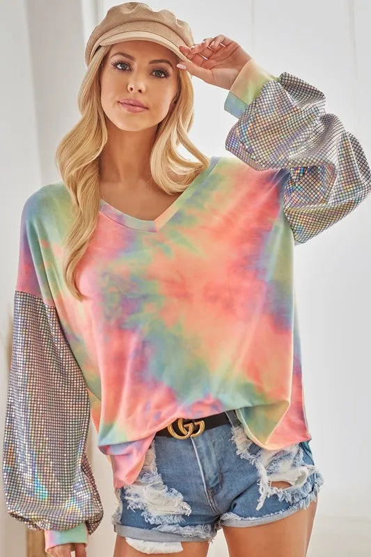 Tie-dye French terry V-neck top with shimmer accents – Stardust Tide style from A Whimsical Affair.