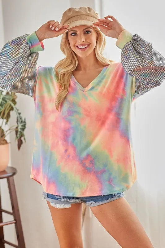 Tie-dye French terry V-neck top with shimmer accents – Stardust Tide style from A Whimsical Affair.