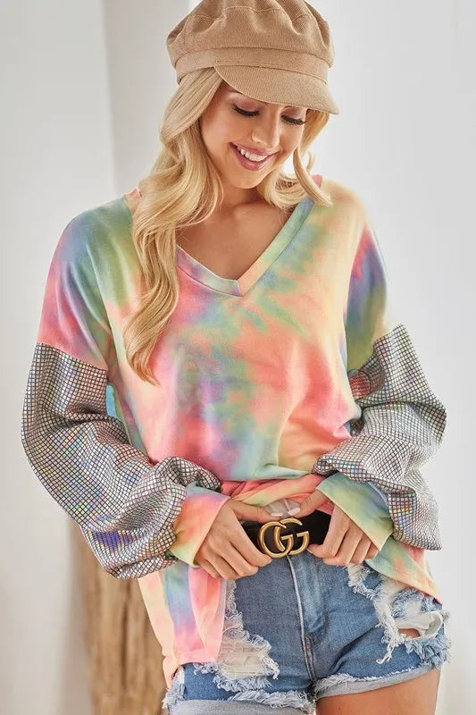 Tie-dye French terry V-neck top with shimmer accents – Stardust Tide style from A Whimsical Affair.