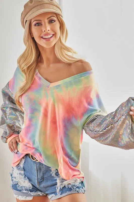 Tie-dye French terry V-neck top with shimmer accents – Stardust Tide style from A Whimsical Affair.