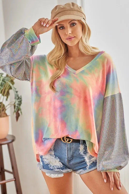 Tie-dye French terry V-neck top with shimmer accents – Stardust Tide style from A Whimsical Affair.