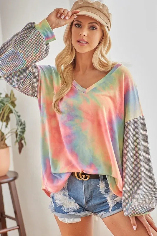 Tie-dye French terry V-neck top with shimmer accents – Stardust Tide style from A Whimsical Affair.