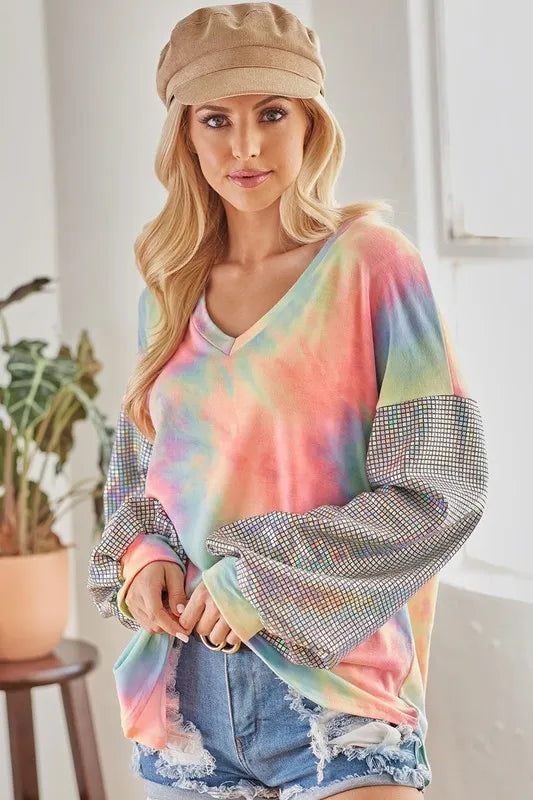 Tie-dye French terry V-neck top with shimmer accents – Stardust Tide style from A Whimsical Affair.