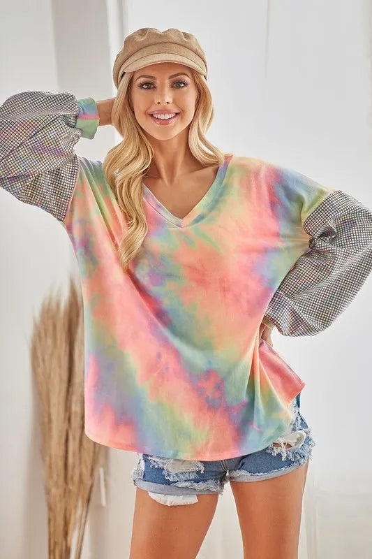 Tie-dye French terry V-neck top with shimmer accents – Stardust Tide style from A Whimsical Affair.
