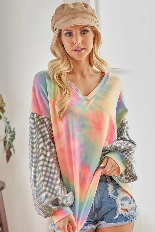 Tie-dye French terry V-neck top with shimmer accents – Stardust Tide style from A Whimsical Affair.