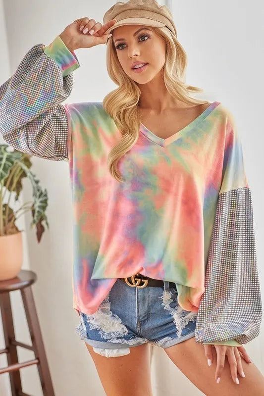 Tie-dye French terry V-neck top with shimmer accents – Stardust Tide style from A Whimsical Affair.