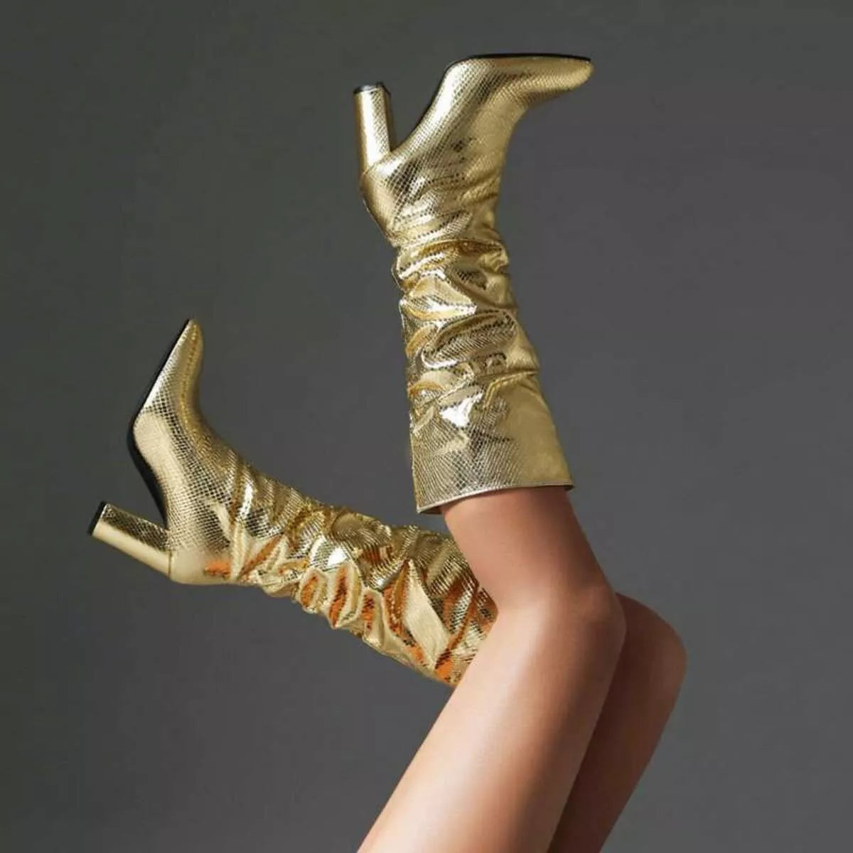 Starlight Luxe Boots in metallic gold with pointed toe and block heel