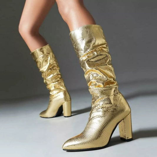 Starlight Luxe Boots in metallic gold with pointed toe and block heel