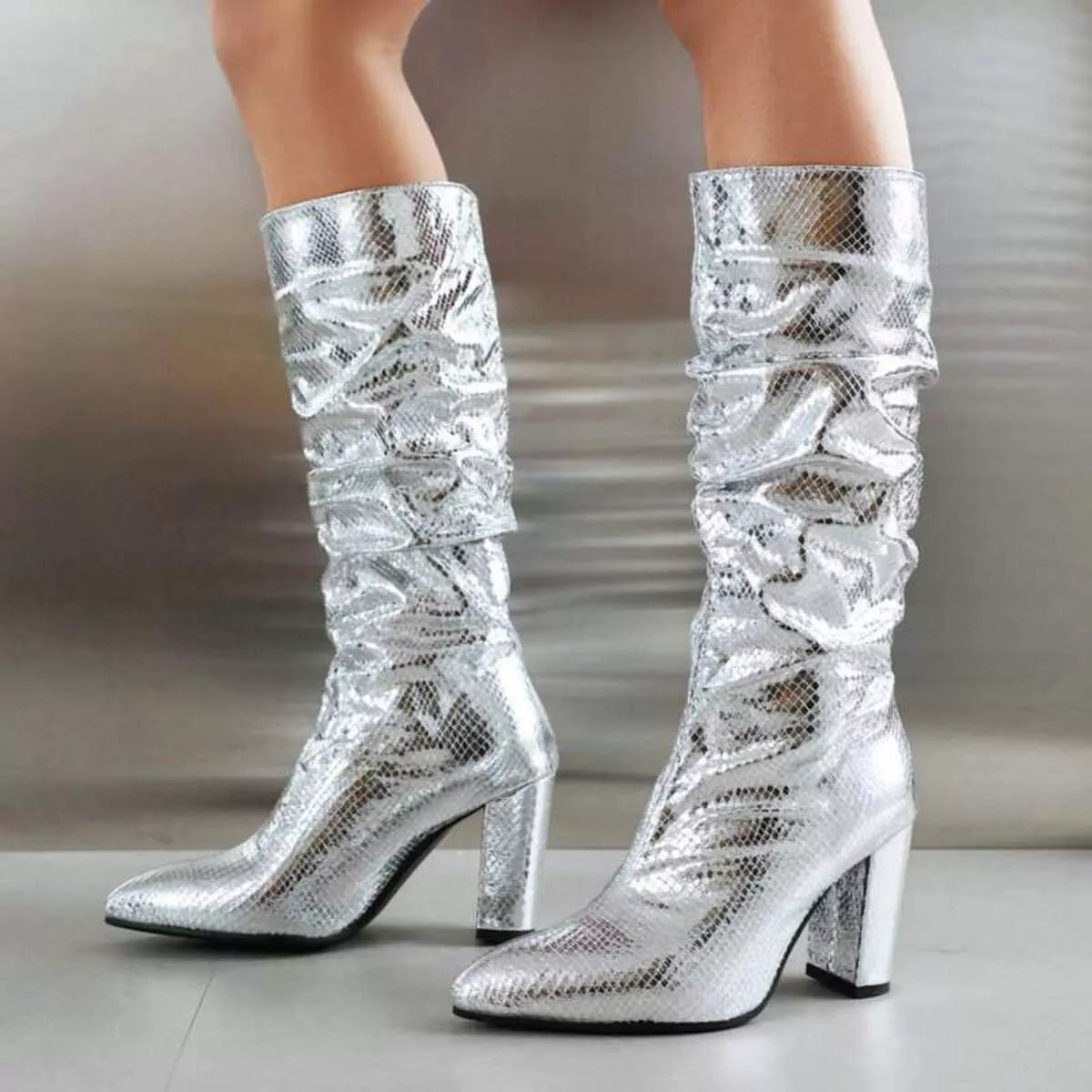 Starlight Luxe Boots in metallic silver with pointed toe and block heel