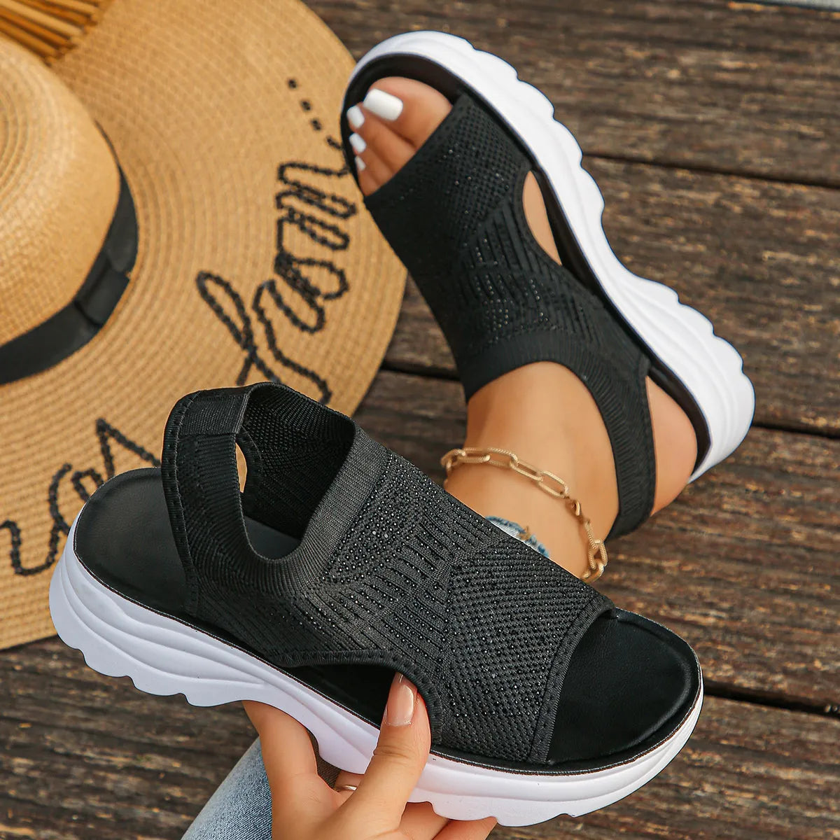 Black mesh open-toe platform sandals with rhinestones – Starlight style from A Whimsical Affair.