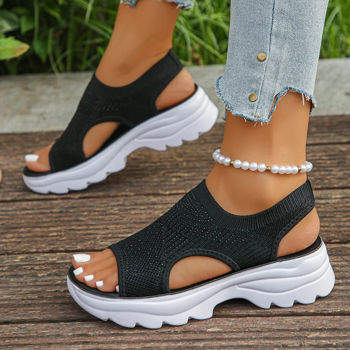 Black mesh open-toe platform sandals with rhinestones – Starlight style from A Whimsical Affair.