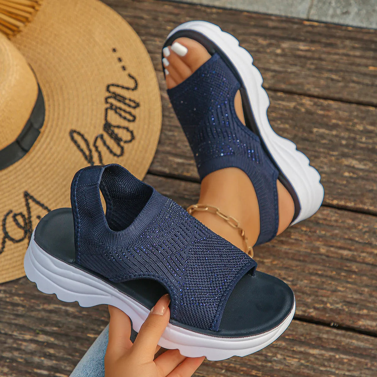 Dark blue mesh open-toe platform sandals with rhinestones – Starlight style from A Whimsical Affair.