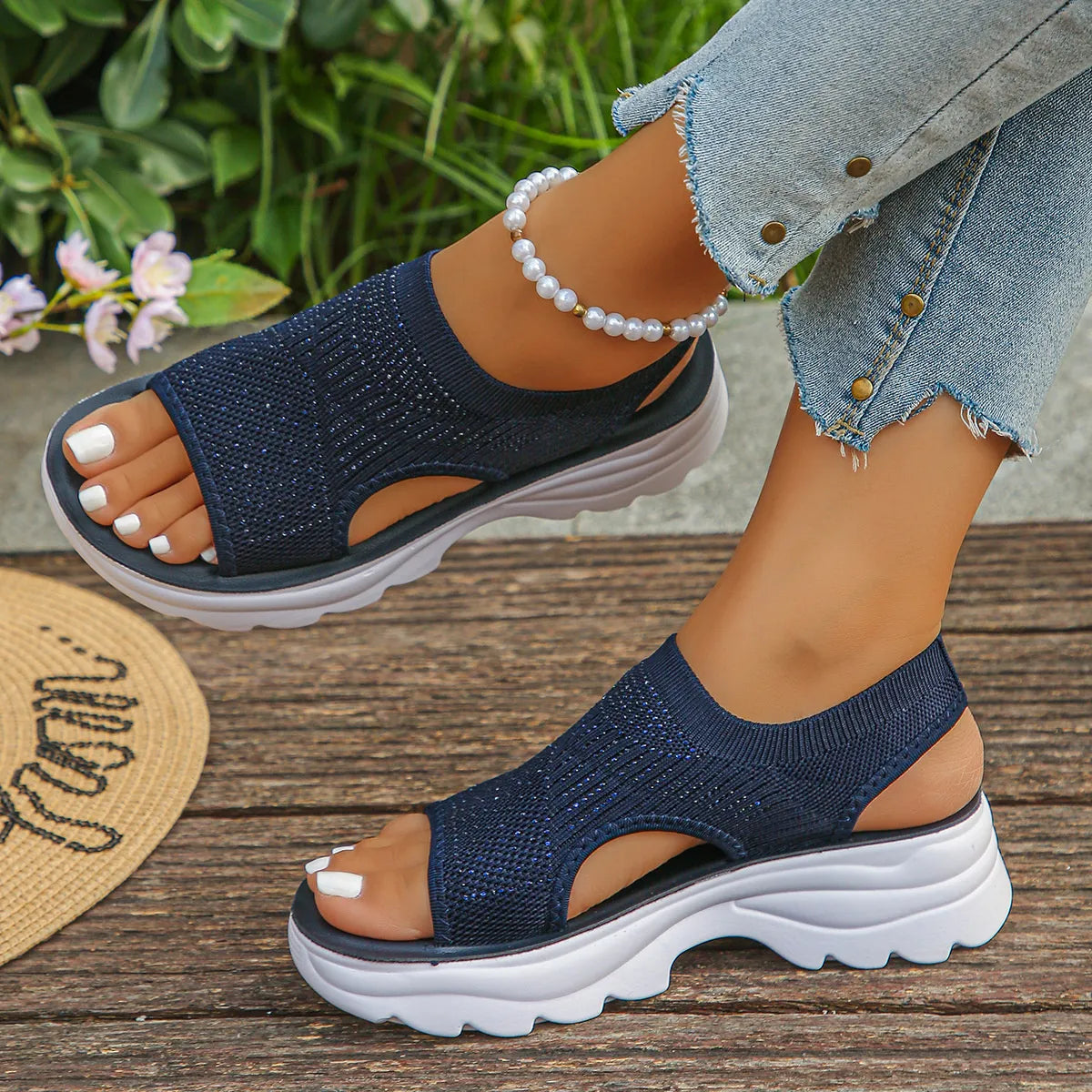 Dark blue mesh open-toe platform sandals with rhinestones – Starlight style from A Whimsical Affair.