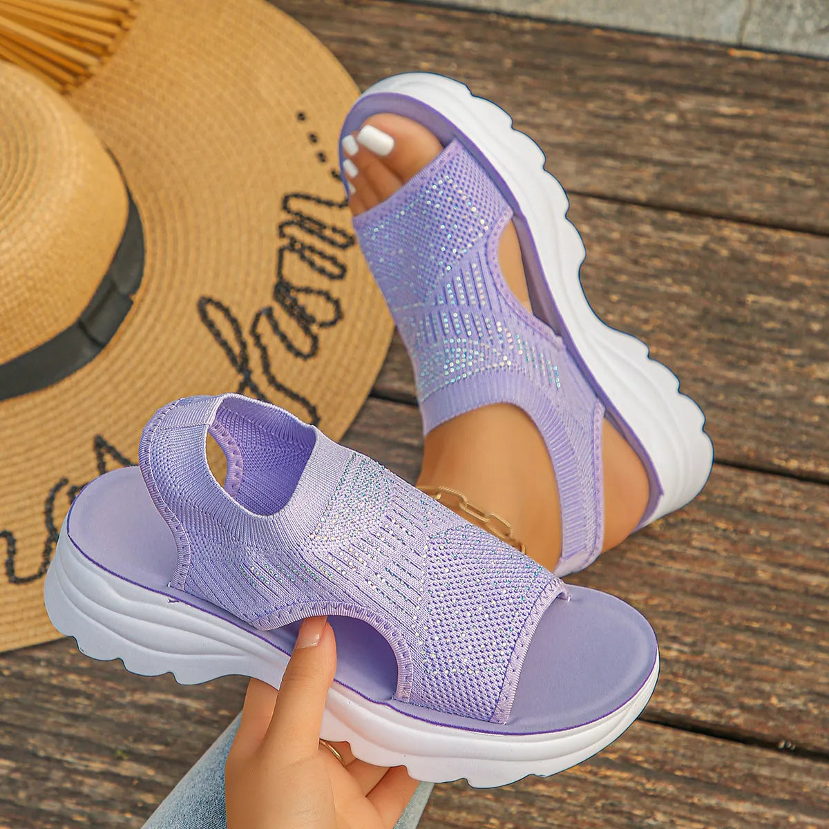 Purple mesh open-toe platform sandals with rhinestones – Starlight style from A Whimsical Affair.