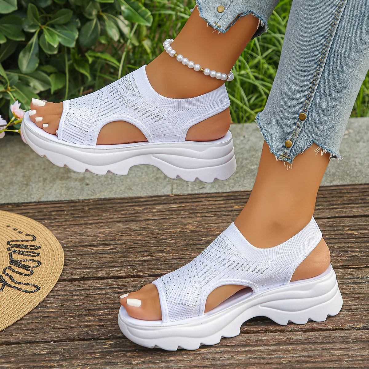 White mesh open-toe platform sandals with rhinestones – Starlight style from A Whimsical Affair.