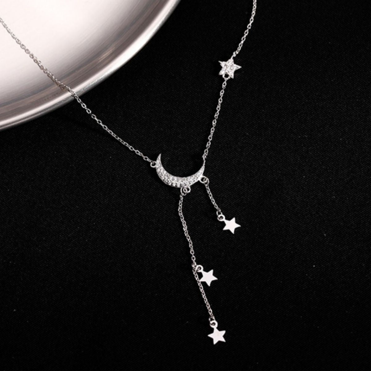 925 sterling silver crescent moon necklace with cascading star drop charms