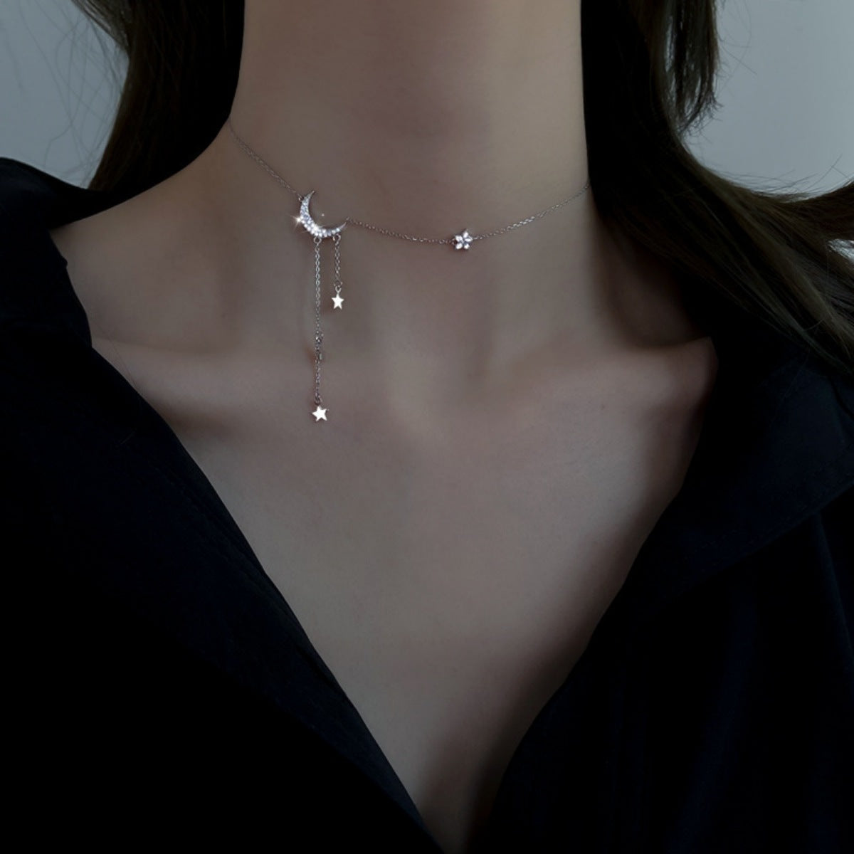 925 sterling silver crescent moon necklace with cascading star drop charms