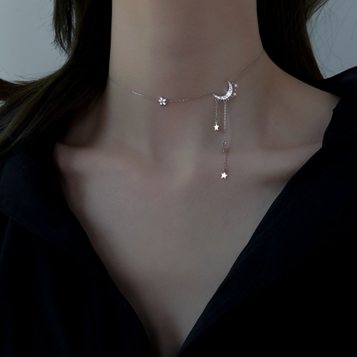 925 sterling silver crescent moon necklace with cascading star drop charms