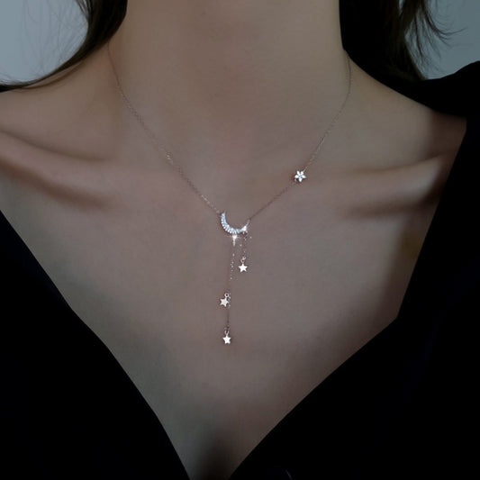 925 sterling silver crescent moon necklace with cascading star drop charms