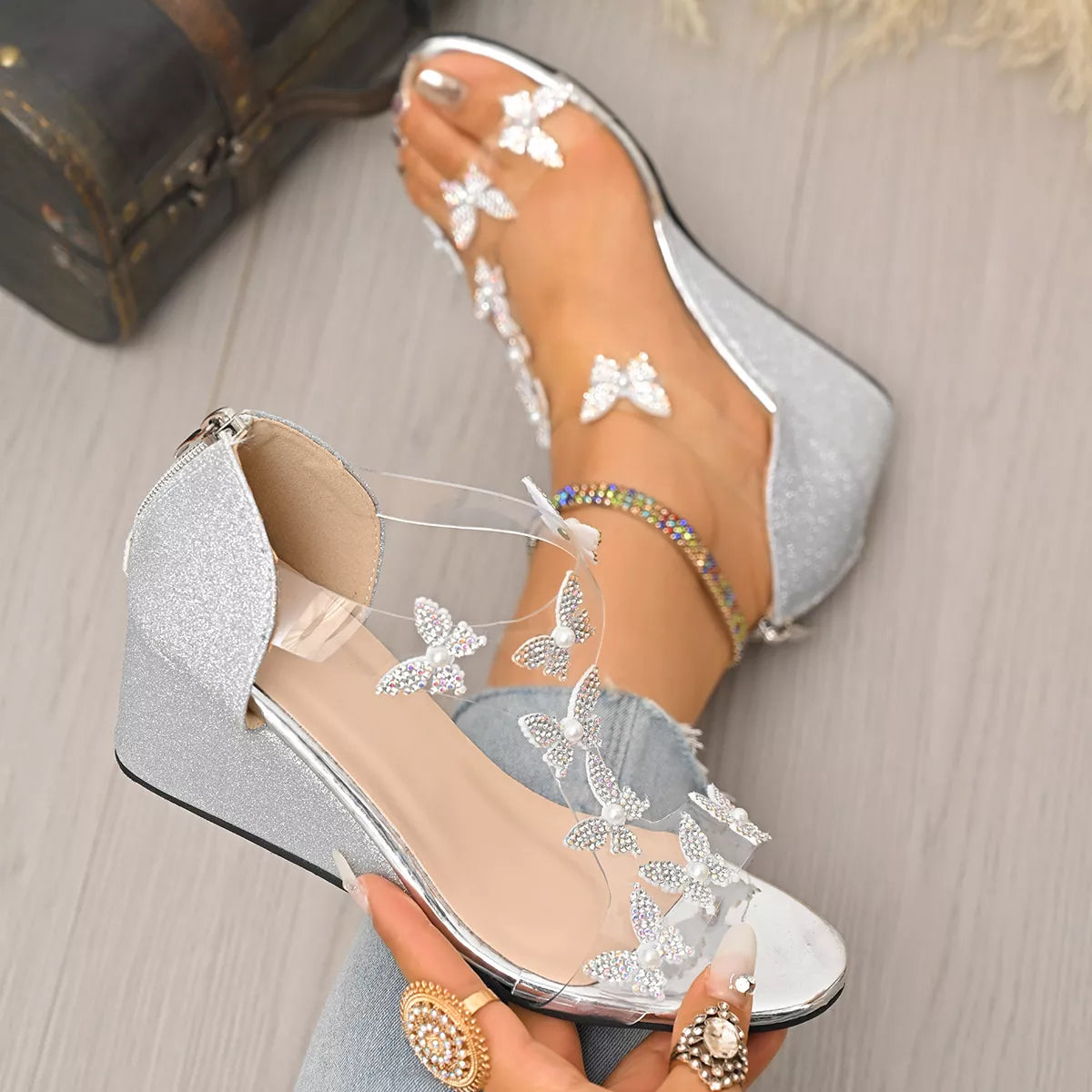 Silver Starlit Winged Wedges with rhinestone butterfly accents