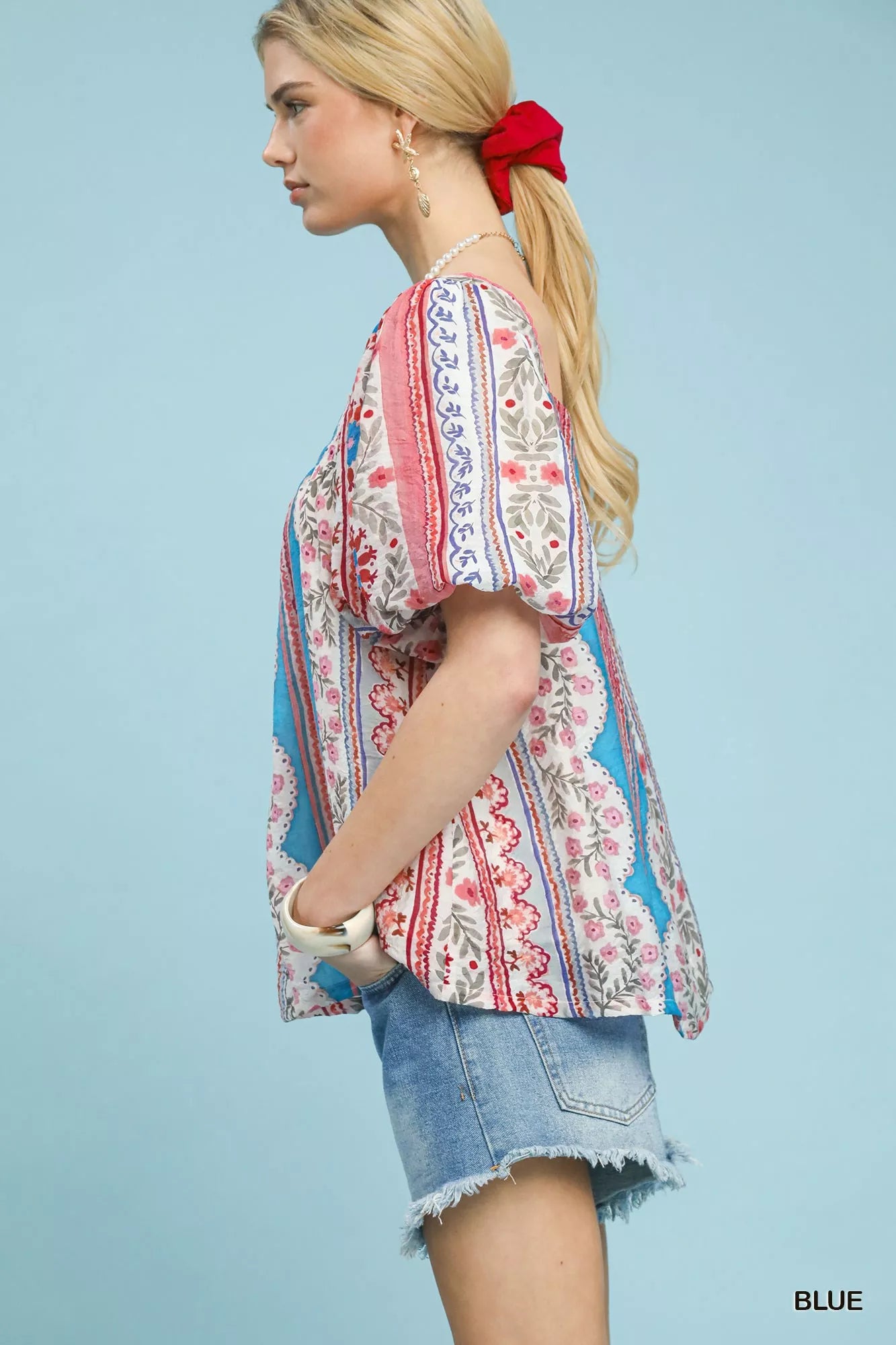 Patchwork puff sleeve smocked top with floral and stripe patterns and square neckline