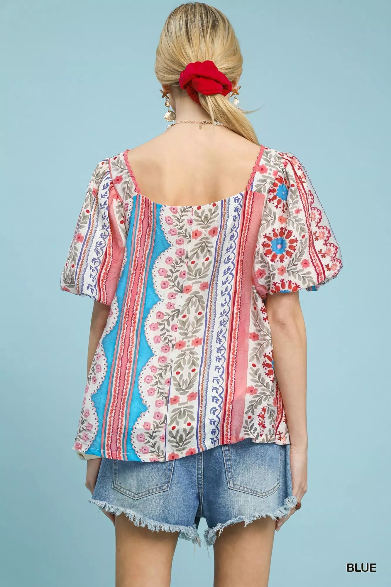 Patchwork puff sleeve smocked top with floral and stripe patterns and square neckline