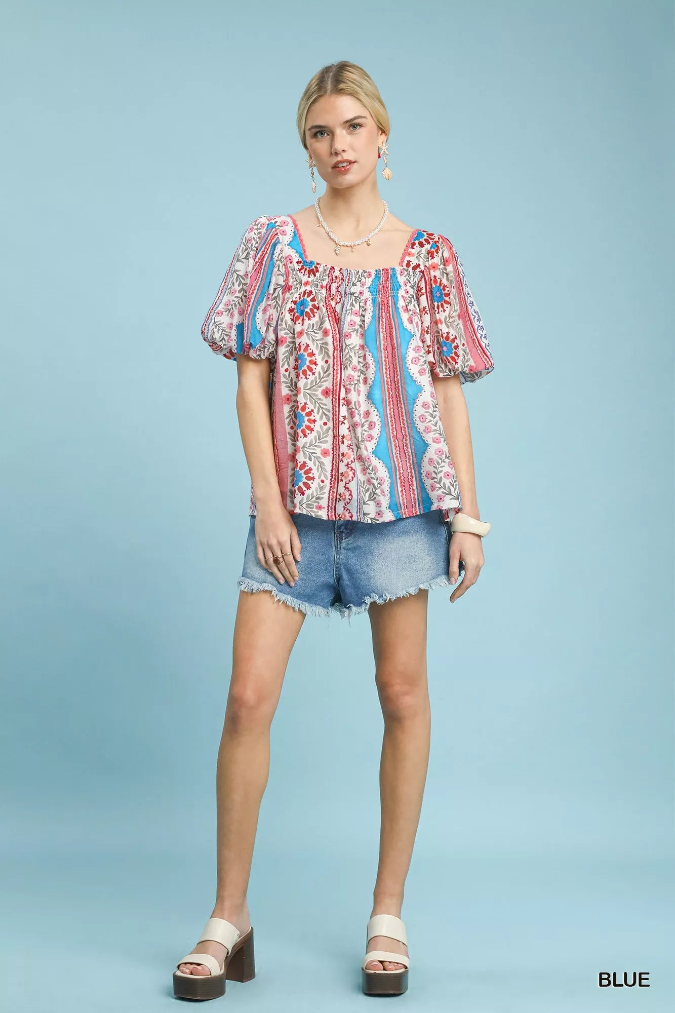 Patchwork puff sleeve smocked top with floral and stripe patterns and square neckline