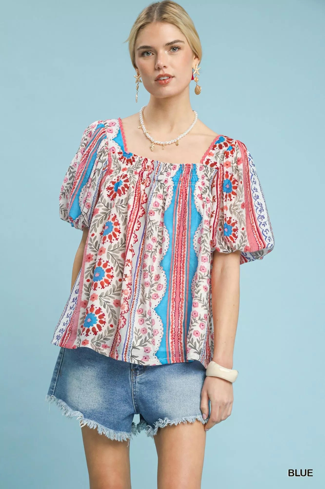 Patchwork puff sleeve smocked top with floral and stripe patterns and square neckline