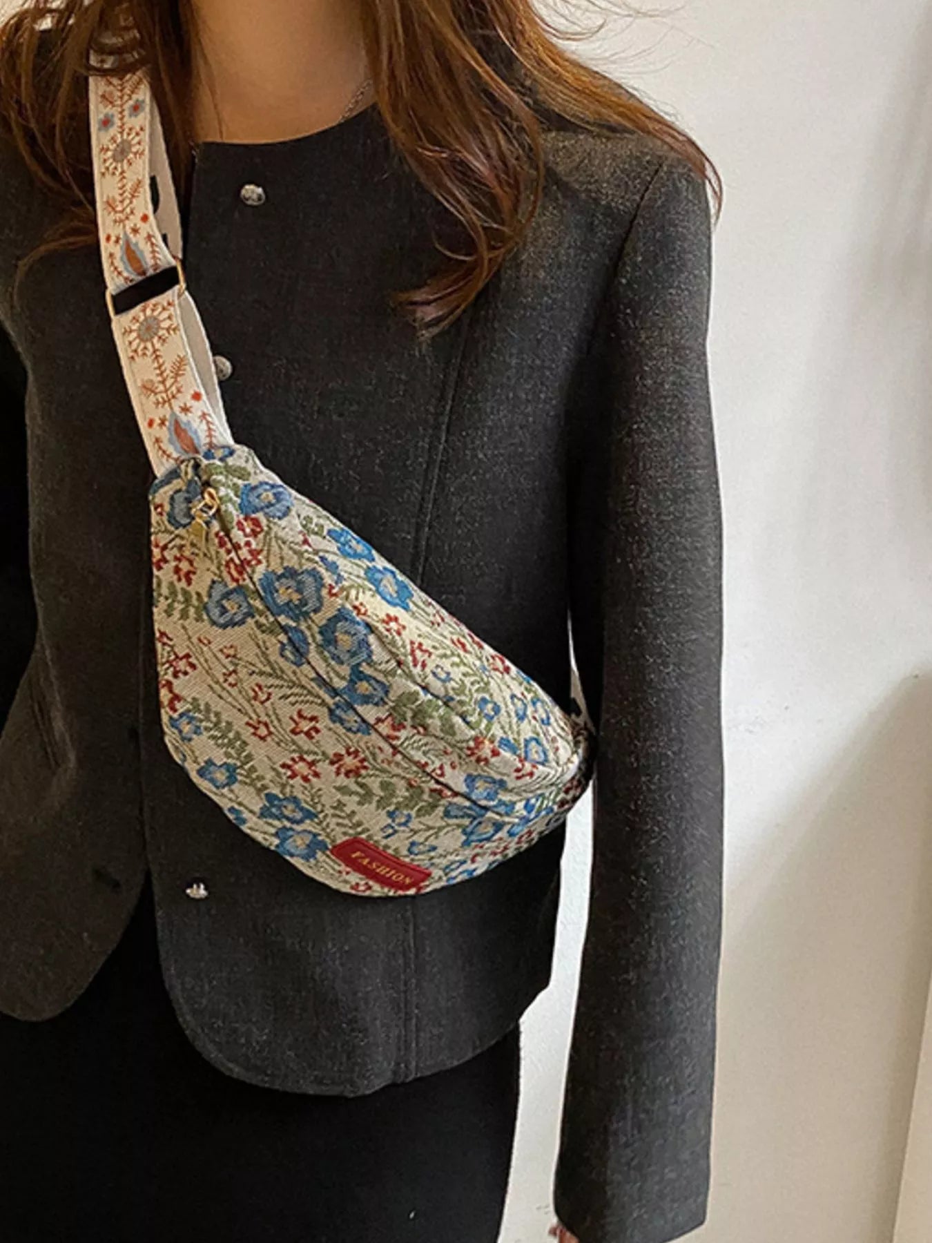 Mini floral tapestry canvas belt bag with adjustable woven strap and zip closure