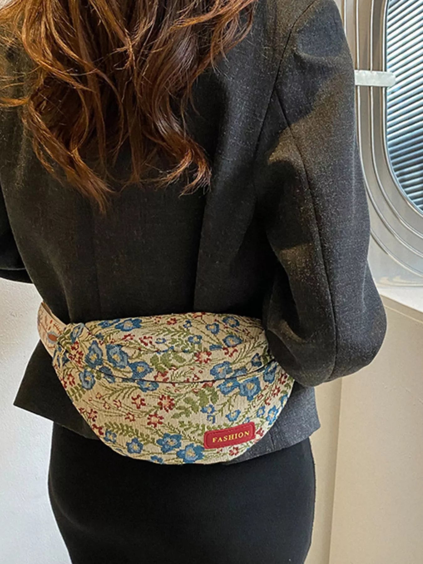 Mini floral tapestry canvas belt bag with adjustable woven strap and zip closure