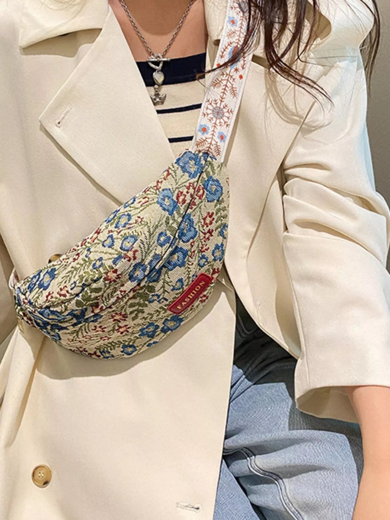 Mini floral tapestry canvas belt bag with adjustable woven strap and zip closure