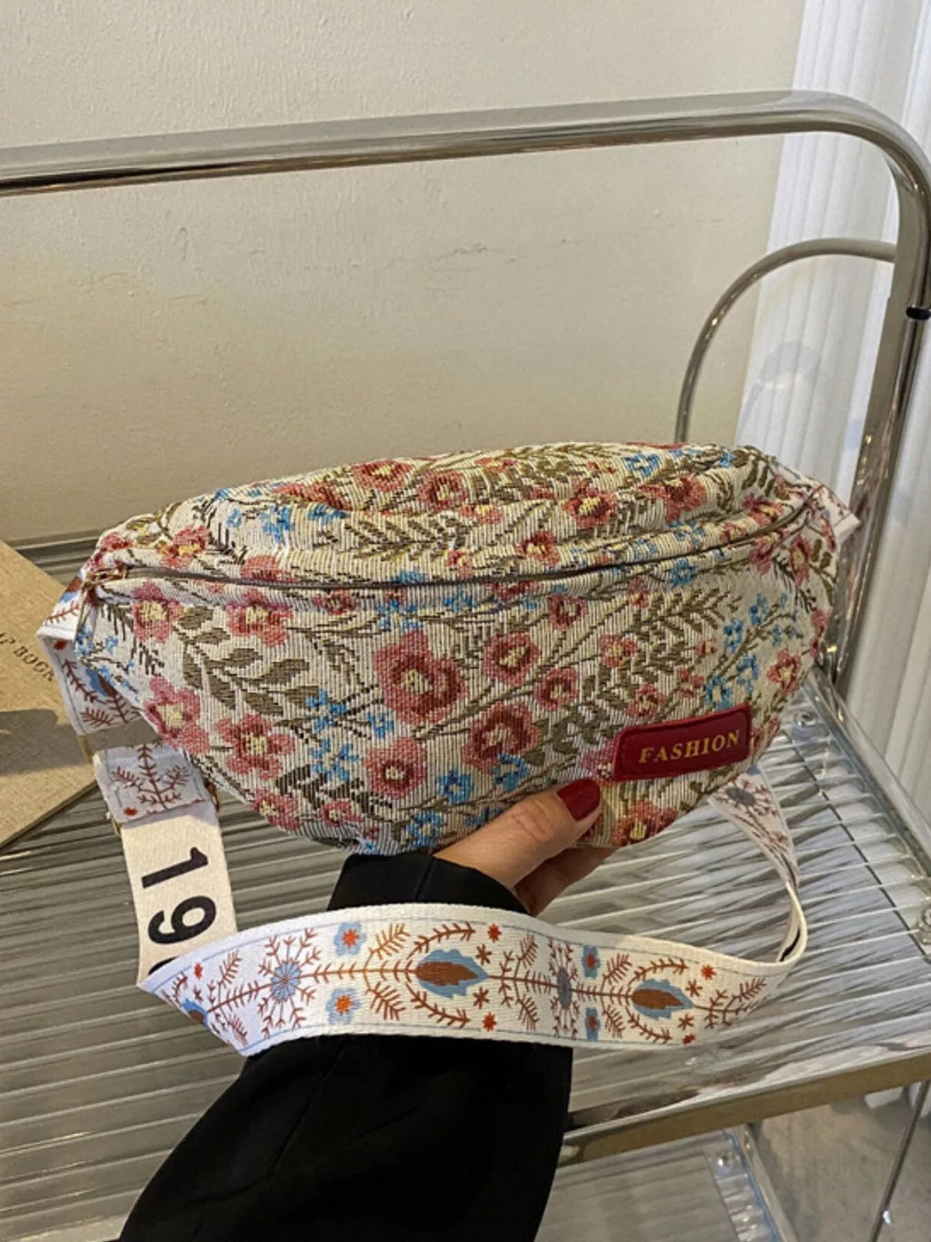 Mini floral tapestry canvas belt bag with adjustable woven strap and zip closure