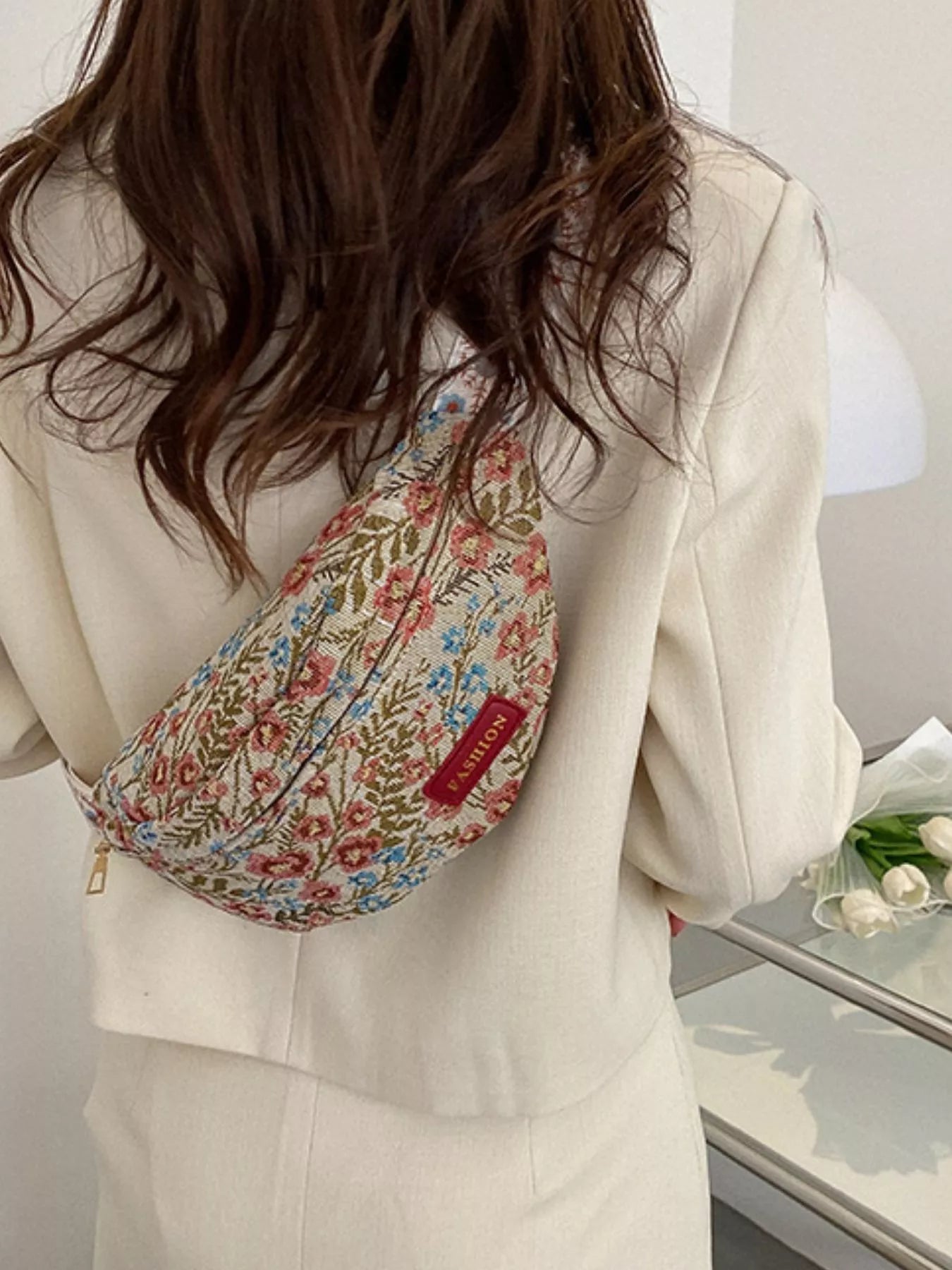 Mini floral tapestry canvas belt bag with adjustable woven strap and zip closure