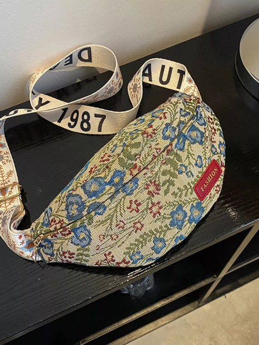 Mini floral tapestry canvas belt bag with adjustable woven strap and zip closure