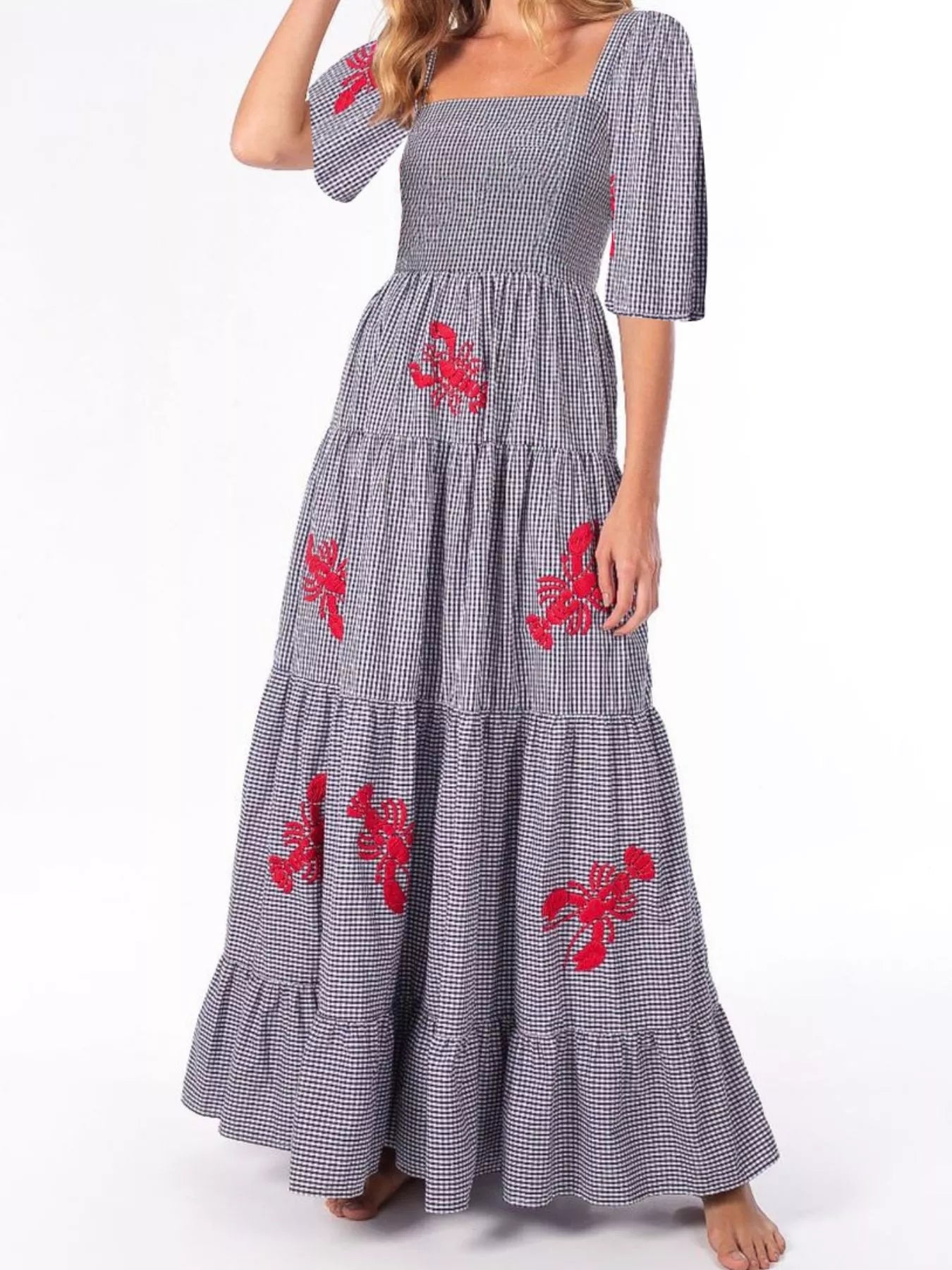 Navy gingham maxi dress with red lobster embroidery and square neckline