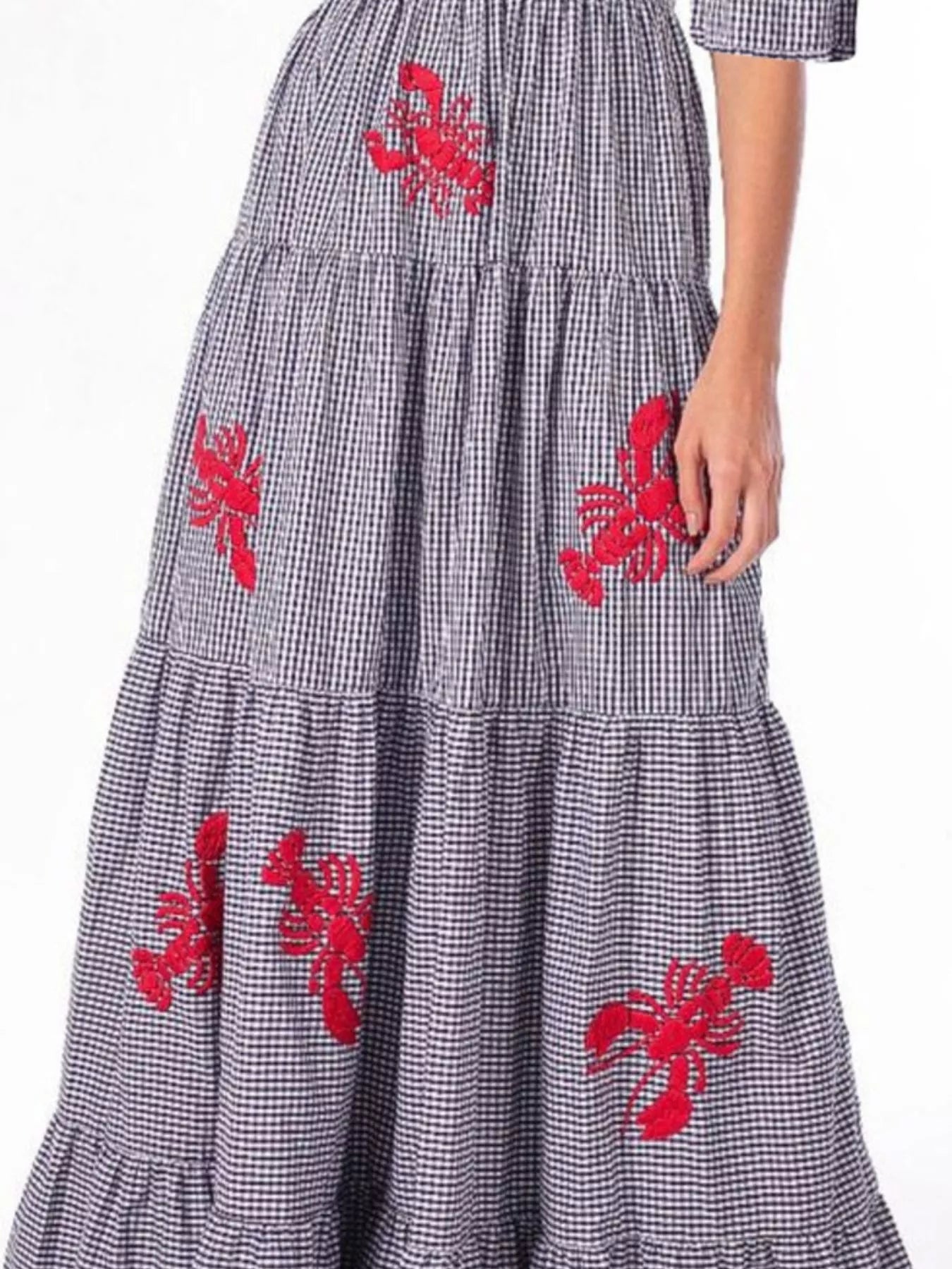 Navy gingham maxi dress with red lobster embroidery and square neckline
