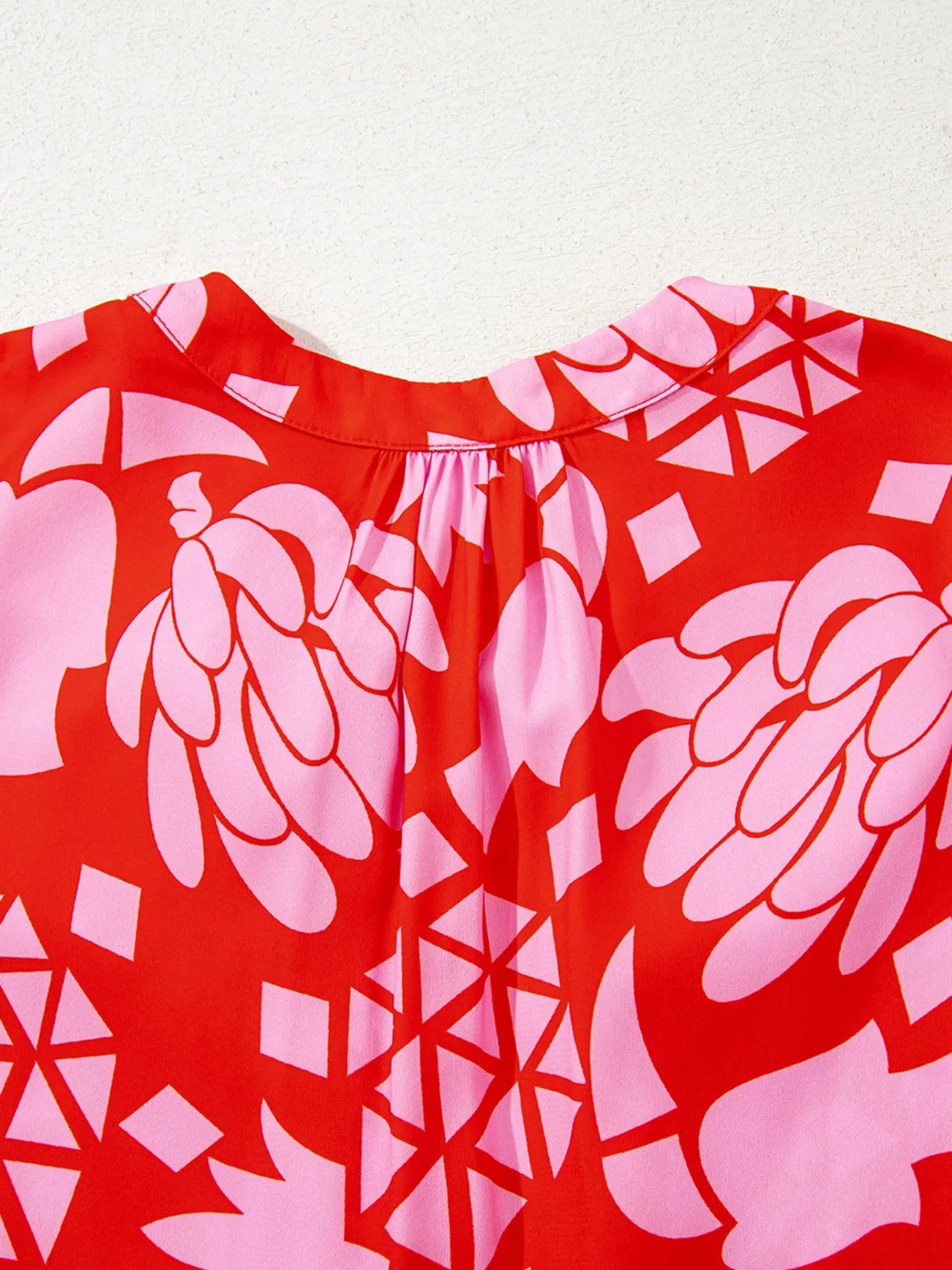 Strawberry-red floral tie-neck button-down blouse with long sleeves – Strawberry Bloom style from A Whimsical Affair.