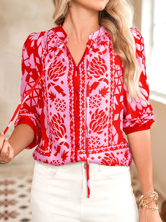 Strawberry-red floral tie-neck button-down blouse with long sleeves – Strawberry Bloom style from A Whimsical Affair.