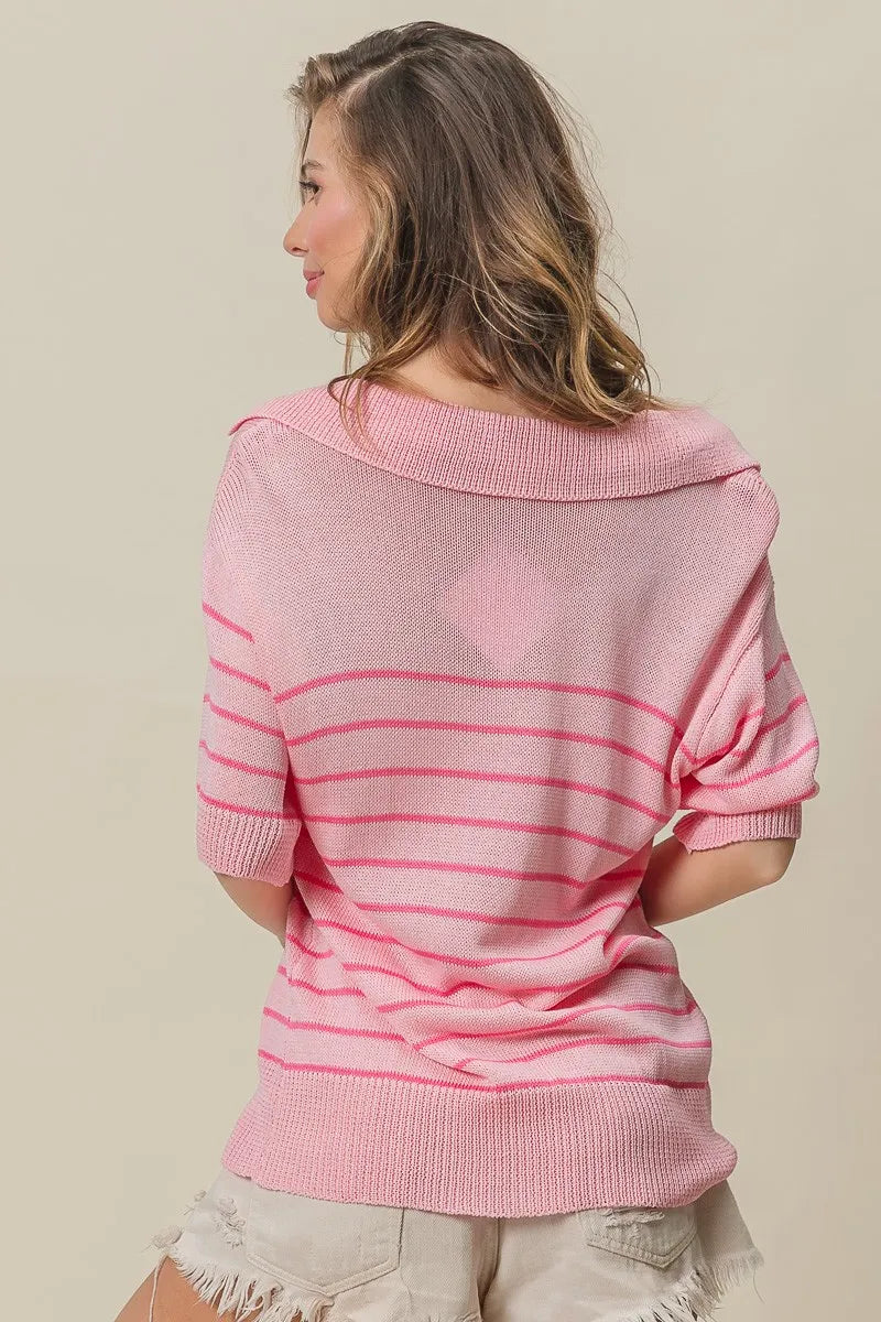 Pink striped V-neck short sleeve knit sweater top styled with distressed shorts