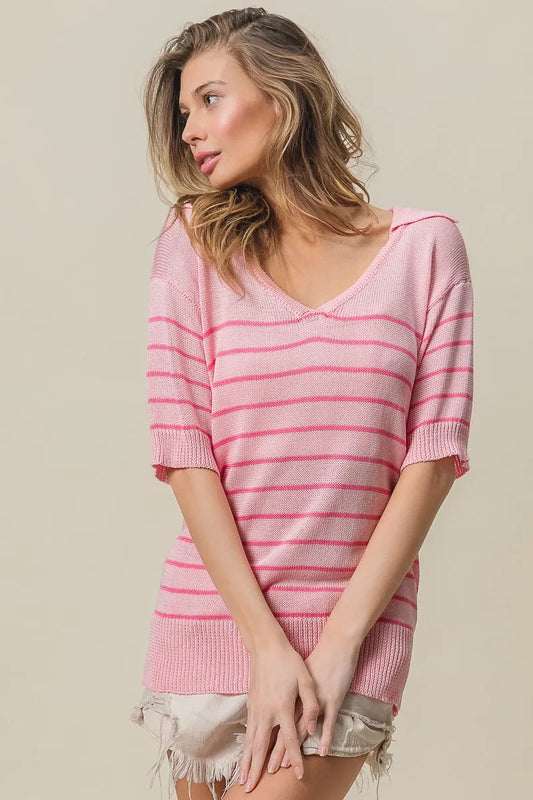 Pink striped V-neck short sleeve knit sweater top styled with distressed shorts