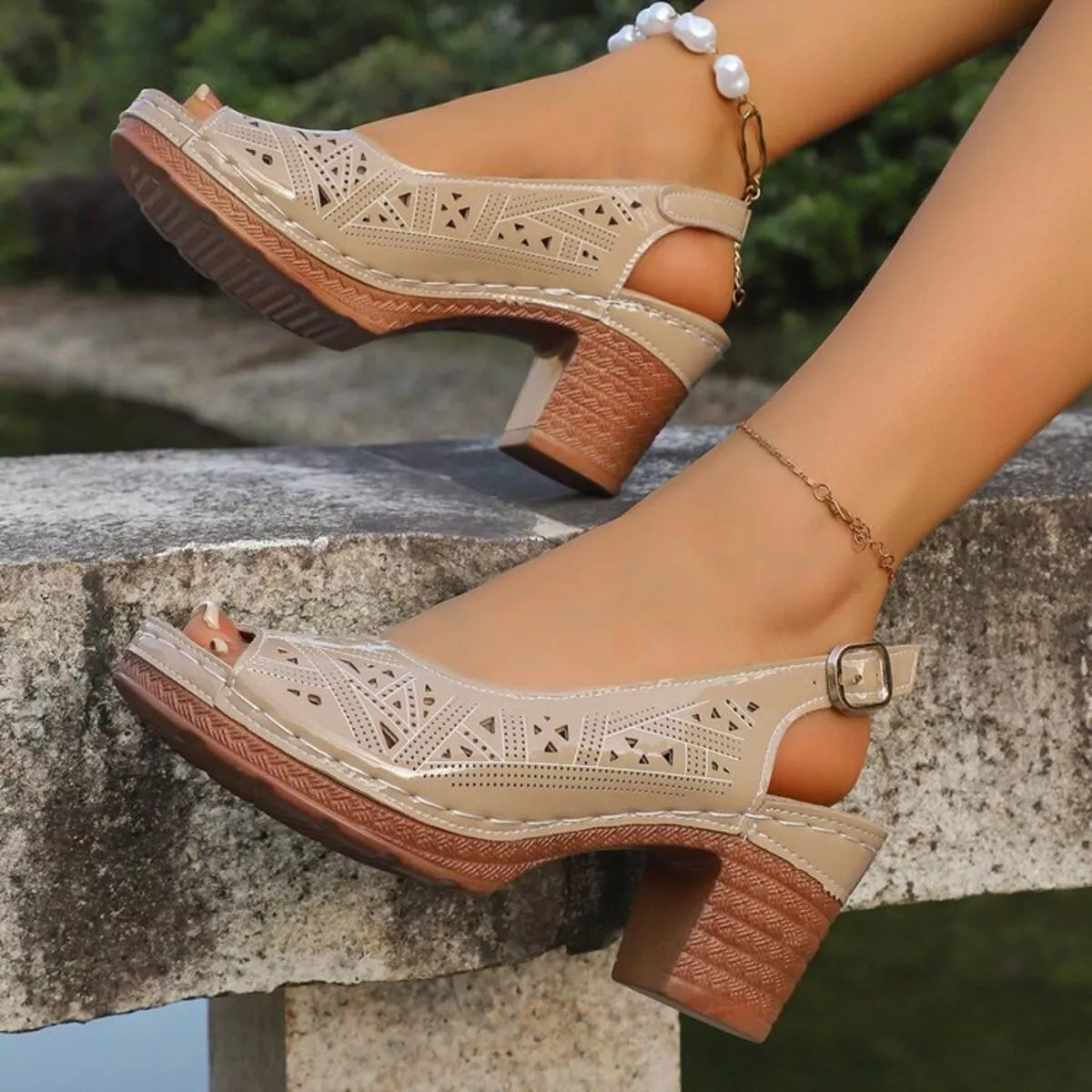 Boho cutout slingback sandals with peep-toe design, adjustable ankle strap, mid block heel, and warm-weather styling.