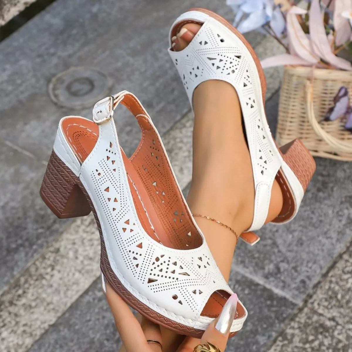 Boho cutout slingback sandals with peep-toe design, adjustable ankle strap, mid block heel, and warm-weather styling.
