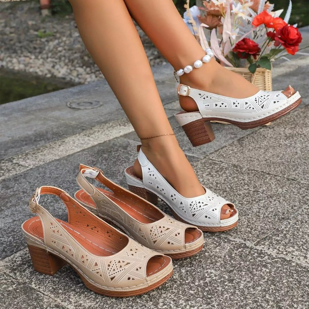 Boho cutout slingback sandals with peep-toe design, adjustable ankle strap, mid block heel, and warm-weather styling.