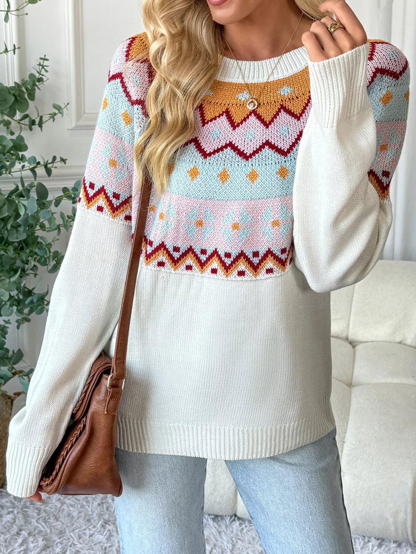 Cream Fair Isle sweater with colorful knit pattern in mustard, burgundy, and blush tones